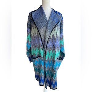 VTG FRENCH RAGS Chevron Longline Open Cardigan USA-Made Zigzag Blue Teal Funky